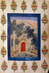 Perzische kunst: dame met twee bloemenkettingen die ze aan twee pauwen presenteert