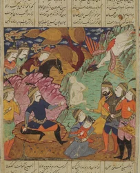 Spijt in het hol van de Simorgh, illustratie uit de Shahnama (Boek der Koningen)