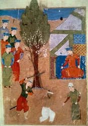 Voorstelling van Chaghtai Khan (1227-1242) op zijn troon, hij is de zoon van Genghis Khan Perzische miniatuur uit Jami al-tawarikh (Universele Geschiedenis) door historicus Rashid al-din (1247-1318) Rond 1430. Parijs, B.N.