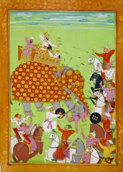 Voorstelling van Murad Baksh, zoon van Mughal keizer Shah Jehan, vechtend op een olifant