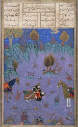 Suhrab gedood door zijn vader Rustam, illustratie uit de Shahnama (Boek der Koningen)