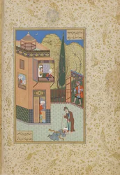 De Murid kust de voeten van de Pir, folio uit een Haft awrang (Zeven tronen) door Jami (gest. 1492) waarschijnlijk Mashad, Khurasan, Iran, Safavid dynastie, 1556-1565