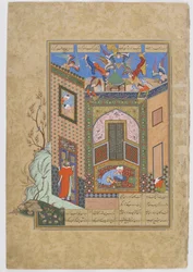 De gnosticus heeft een visioen van engelen die lichtschalen naar de dichter Sadi dragen, folio uit een Haft awrang (Zeven tronen) door Jami (gest. 1492) waarschijnlijk Mashad, Khurasan, Iran, Safavidische dynastie, 1556-1565