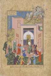 Yusuf predikt tot de dienstmeisjes van Zulaykha in haar tuin, folio uit een Haft awrang (Zeven tronen) door Jami (gest. 1492) waarschijnlijk Mashad, Khurasan, Iran, Safavidische dynastie, 1556-1565