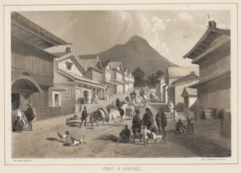 Straat in Hakodadi, litho door Sarony und Co., 1855