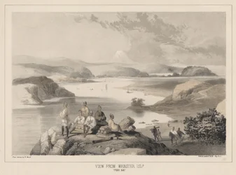 Uitzicht vanaf Webster Island, Yedo Bay, litho door Sarony en Co., 1855