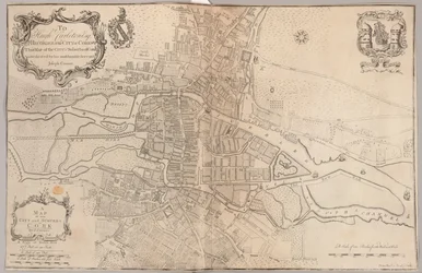 Een kaart van de stad en buitenwijken van Cork