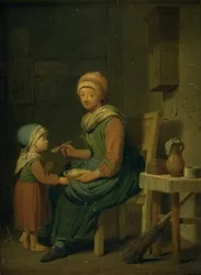 Een boerin die haar dochter iets te eten geeft