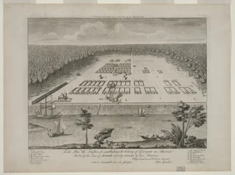 Een uitzicht op Savannah zoals het stond op 29 maart 1734, gegraveerd door P. Fourdrinier, Londen, c.1735