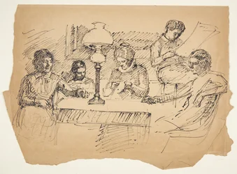 De familie van de kunstenaar zittend rond een tafel met een petroleumlamp
