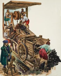 Een teller houdt bij hoeveel ladingen steenkool de mijn verlaten terwijl een mijnwerker een kar vult en anderen meer naar boven hijsen (gouache op papier)