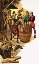 Een leerling van een kuiper wordt door een gildefunctionaris geobserveerd terwijl hij aan de ringen van een vat werkt