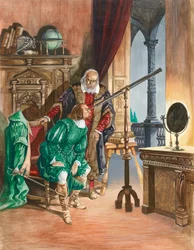Galileo, nu blind, laat een vriend naar de sterren kijken door zijn telescoop vanaf het balkon van zijn studeerkamer in Pisa