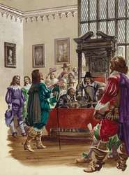 Koning Karel I arriveert in het Lagerhuis om de vijf parlementsleden te arresteren