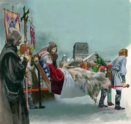 Koning Edward, later Sint Edward de Belijder, kijkt naar de bouw van Westminster vanuit een draagstoel waar hij ziek ligt