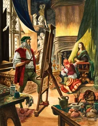 Leonardo da Vinci schildert het portret van de Mona Lisa