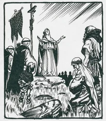 St Patrick (gestorven rond 463 n.Chr.) predikend in Armagh (litho)