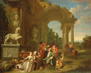 Een jachtgezelschap in klassieke ruïnes