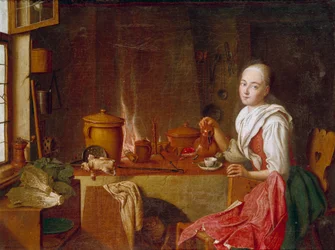 Dame in haar keuken. Een jonge vrouw zittend op een koffie voor de open haard