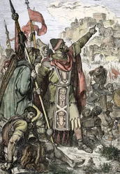 Barbaarse invasie: De koning van de Hunnen Attila (406-453) kijkt met zijn soldaten toe hoe de stad Aquilea in Italië belegerd wordt