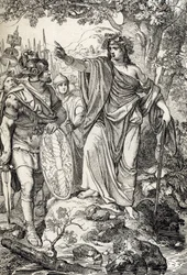 Campagnes van Germanicus: Nero Claudius Drusus Germanicus (38-9 v.Chr.) en zijn leger ontmoeten een jonge vrouw in de regio