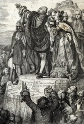 Viering van het eerste Feest van de Federatie op 14 juli 1790 bij het Altaar van het Vaderland op het Champ de Mars, ter gelegenheid van de eerste verjaardag van de bestorming van de Bastille: koning Lodewijk XVI legt, omringd door zijn familie, een eed