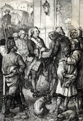 Franse Revolutie: Koning Lodewijk XVI ontvangt van de burgemeester van Parijs Jean-Sylvain Bailly de driekleurige kokarde