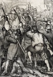 Franse Revolutie: Het gewapende en woedende volk betreedt via de ophaalbrug en vermoordt het garnizoen en de gouverneur tijdens de bestorming van de Bastille