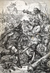 Grote Noordelijke Oorlog: De Slag bij Poltava tussen het leger van Peter I van Rusland en de troepen van Karel XII van Zweden, 8/07/1709 (tekening met veer)