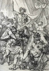Heptarchie: voorstelling van de Angelsaksische leider Hengist (5e eeuw), die zijn vijanden doodt om omstreeks 461 het koninkrijk Kent te stichten (Saksische heptarchie: de Angelsaksische leider Hengist (of Hengest) doodt zijn vijanden tijdens de invasie