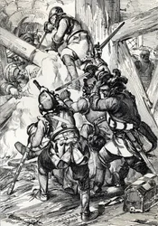Koning Karel XII van Zweden verdedigt zich tegen de Turken in Bender (februari 1713)