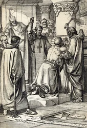 Koning Hendrik II van Engeland (1133-1189) betrokken bij de moord op Thomas Becket doet boete bij het graf van de aartsbisschop