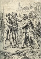 Landing van Hengest en Horsa, figuren uit de Angelsaksische legende, die de twee beschrijft als de Germaanse broers die de Angle, Saksische en Jutische legers leidden die de eerste gebieden van Groot-Brittannië in de 5e eeuw veroverden