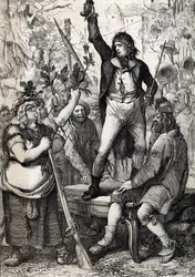 Uitbraak van de Franse Revolutie in 1789: de verzamelde bevolking wordt aangespoord de kleur van een kokarde te kiezen en de wapens op te nemen