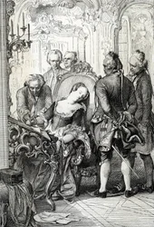 Koningin Caroline Mathilde van Denemarken (1751-1775), gedwongen de echtscheidingsdocumenten te ondertekenen na haar buitenechtelijke affaire in 1772. Pentekening