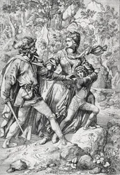 Koningin van Engeland Margaret van Anjou (1430-1482) en haar zoon Edward gered door een rover tijdens hun vlucht na de triomf van de Yorkisten