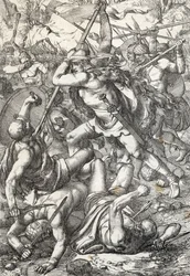 Voorstelling van Pelagius de veroveraar (overleden 737) koning van Asturië triomfantelijk tegen de Saracenen, 719, Covadonga, Spanje