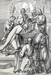 Voorstelling van Sint-Augustinus van Canterbury (overleden 604), door paus Gregorius de Grote in 596 naar Engeland gestuurd om de Angelsaksen te bekeren - Hij staat hier voor Ethelbert, Angelsaksische koning van Kent (552? -616) die hij in 597 doopte