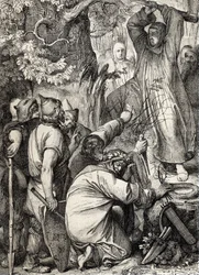 Voorstelling van Sint Bonifatius van Mainz (680-754) die de eik van Thor omhakt om de druïden te overtuigen dat het geen heilige boom is