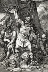 Romeinse Oudheid: “De verovering van Jeruzalem” afbeelding van het beleg van Jeruzalem door de Romeinen in 70 na Christus, de stad wordt geplunderd door de troepen van keizer Titus en de tweede tempel van Jeruzalem vernietigd