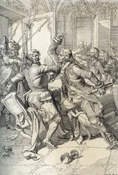 Streltsy-opstand: arrestatie van leden van de Streltsy-regimenten na hun opstand in 1698 tegen de progressieve innovaties van tsaar Peter de Grote, Rusland