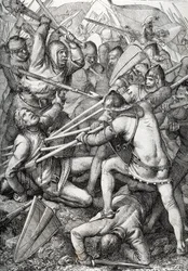 De Slag bij Sempach gevochten op 9 juli 1386, tussen Leopold III, Hertog van Oostenrijk en de Oude Zwitserse Confederatie, tekening uit “Historische Memorabilian des In-und Auslandes” door Anton Ziegler