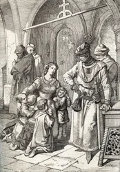 De moord op de edele dame Inês de Castro (1320-1355), tweede echtgenote van Peter I (Pedro I) van Portugal, in het klooster Santa Clara de Coimbra, Portugal, 1355