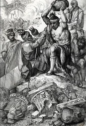 De plundering van Rome (Italië) in 410, genomen uit de stad en geplunderd door de Visigoten onder leiding van Alarik (370-410)
