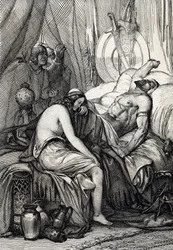 De dood van de koning van de Hunnen Attila (395-453) tijdens zijn slaap op zijn huwelijksnacht met de Germaanse Ildico, 453