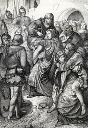 De trouwe vrouwen van Weinsberg: de vrouwen van de soldaten verslagen bij het beleg van Weinsberg door Koenraad III van Hohenstaufen in 1140 dragen hun echtgenoten op hun rug, Duitsland