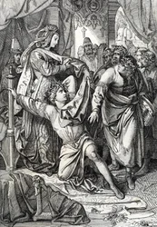 De poëtische wedstrijd van het kasteel van Wartburg in Duitsland in 1207: de Minnesangers strijden in poëtische spelen, de troubadour Henri d