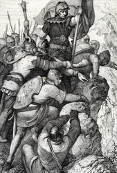 De troepen van Othon I van Beieren (1117-1183) nabij Verona in Italië 1155 (tekening met veer)