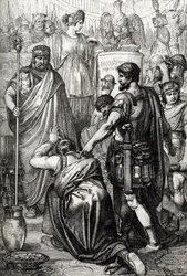 Vandalenoorlog: De overgave van de koning van de Vandalen Gelimer knielt voor de Byzantijnse generaal Belisarius (500-565) in maart 534, Carthago, Afrika