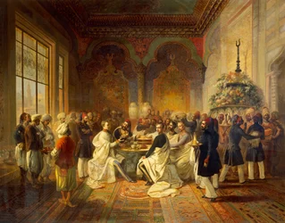 Lunch in Smyrna door Halim Pasha, illustratie uit De reis van Maximiliaan van Habsburg en zijn broer Charles Louis in de Middellandse Zee, door Peter Johann Nepomuk Geiger
